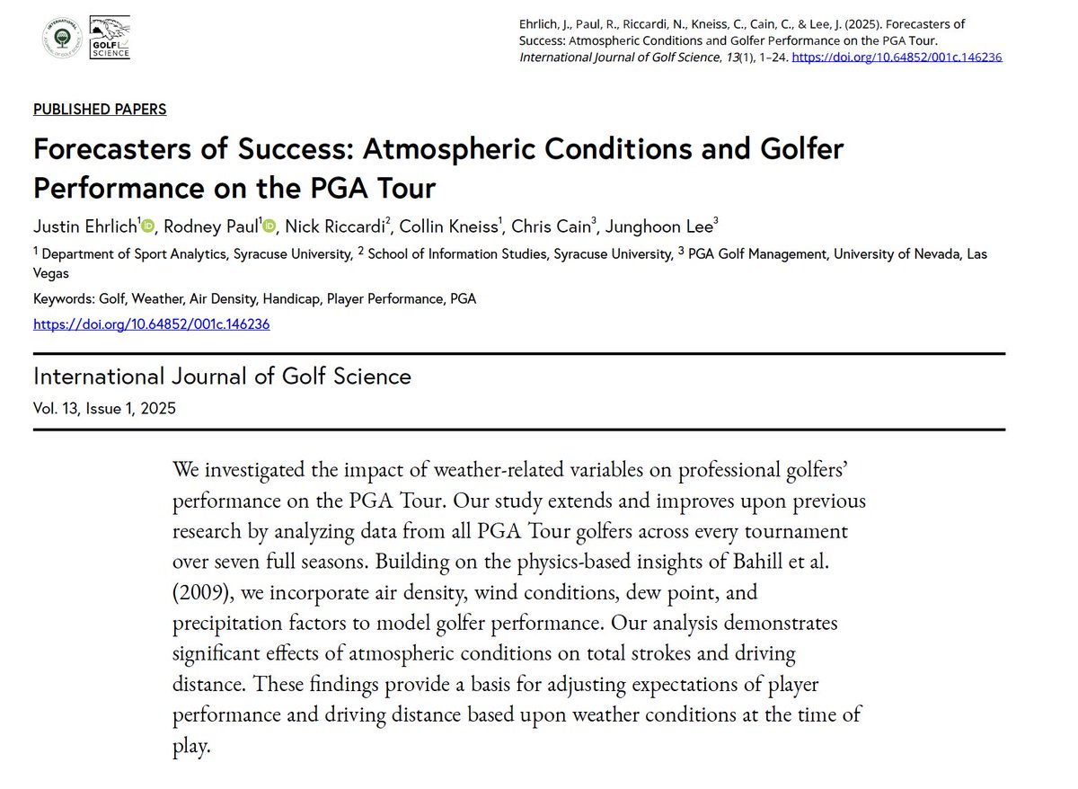 Interesting new study here, exploring the effects of environmental conditions on golf performance and driving distance during PGA Tour events. 

Link to full text: golfsciencejournal.org/article/146236