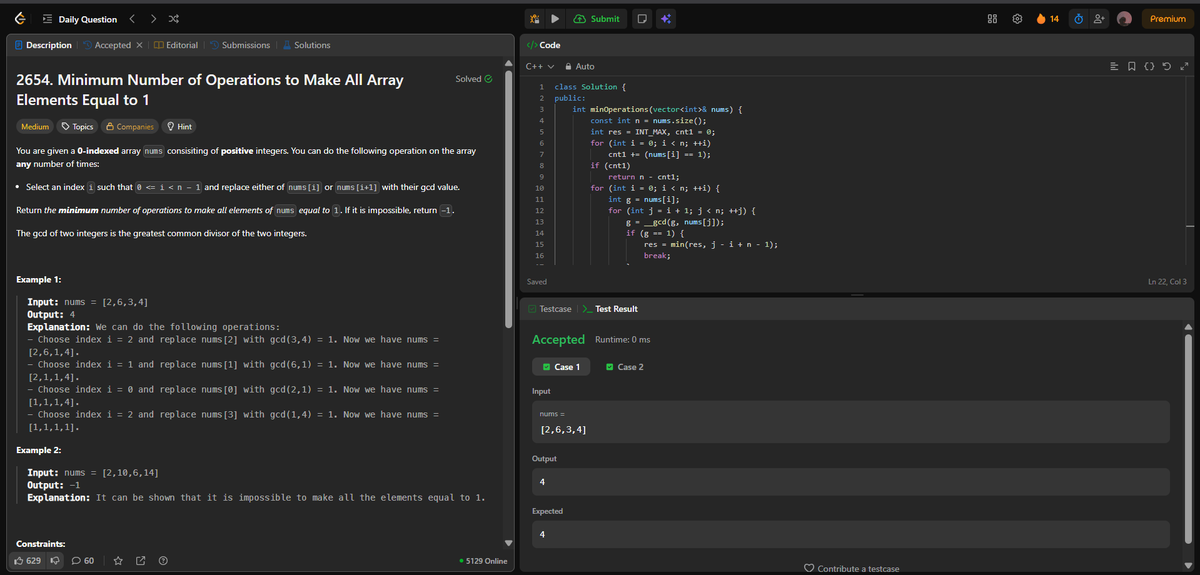 Anurags44798025's tweet image. 🔥 Day 103/100DaysOfLeetCode 🔥
🧩 Problem: Minimum No. of Operations to Make All Array Elements = 1 
💬 Key takeaway: Smart math &amp;gt; brute loops 
#LeetCode #100DaysOfCode #CodingChallenge #DSA #Cplusplus #CodeNewbie #DevCommunity #ProblemSolving #LearnToCode