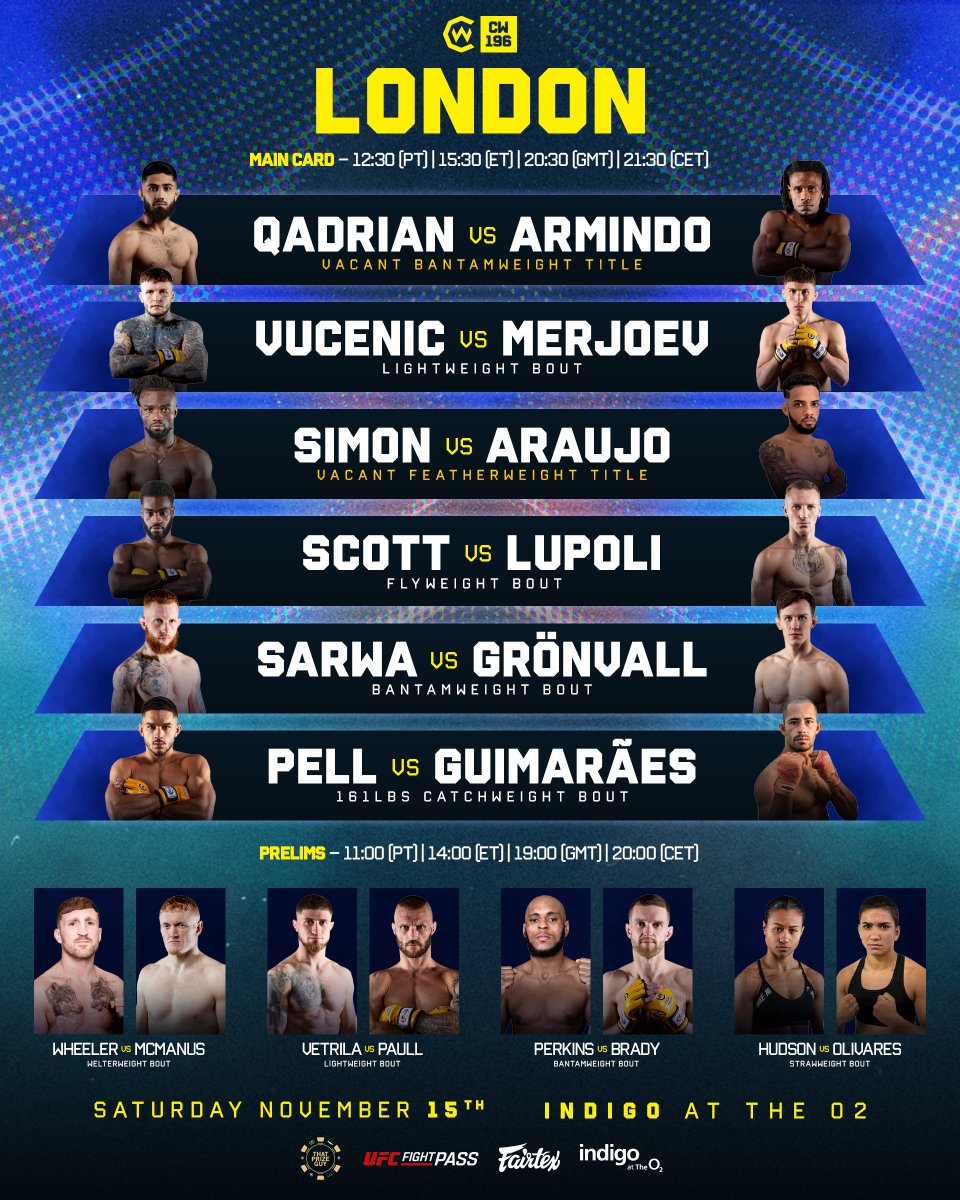 TWO WORLD TITLE FIGHTS. ONE HUGE CARD. 🏆🔥

#CW196 London goes down this Saturday - an unmissable night for every fight fan in the capital!

🎟️ Limited Tickets Left! Get Yours Today! 
📺 Watch on <a href="/UFCFightPass/">UFC FIGHT PASS</a>