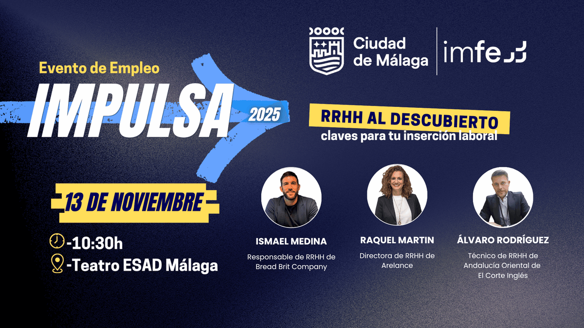 malagaimfe's tweet image. 📢 Nos vemos este jueves en IMPULSA 2025 🚀

📆 Jueves 13 de noviembre
📌 Teatro ESAD Málaga
🕥 10:30h
🎟 ¡Ten tu #entrada a mano!

🤩 ¡Vamos a #aprender un montón con esta sesión de #orientación laboral repleta de #humor!

#Málaga #MálagaEmpleo
@malaga @MalagaJuventud