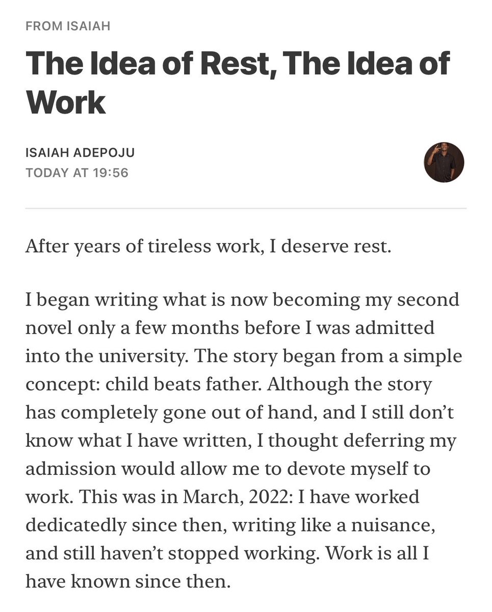 Isaiah_Adepoju_'s tweet image. Welp. I finished writing the 2nd draft of my 2nd novel today. I wrote a short Substack post about it. 💃

Read: open.substack.com/pub/isaiahadep…