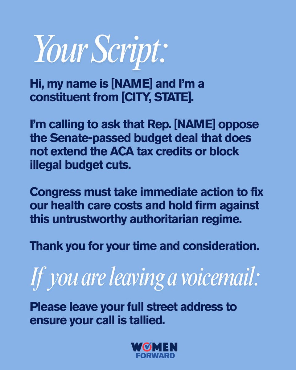 WomenForward25's tweet photo. 🚨 The U.S. House is about to vote on a spending bill that could raise your health care costs.

Call your representative TODAY and tell them to protect our health care and vote NO on the spending bill.

📲 202-224-3121

#ProtectOurCare #GOPShutdown https://t.co/HI2MSxiCUU