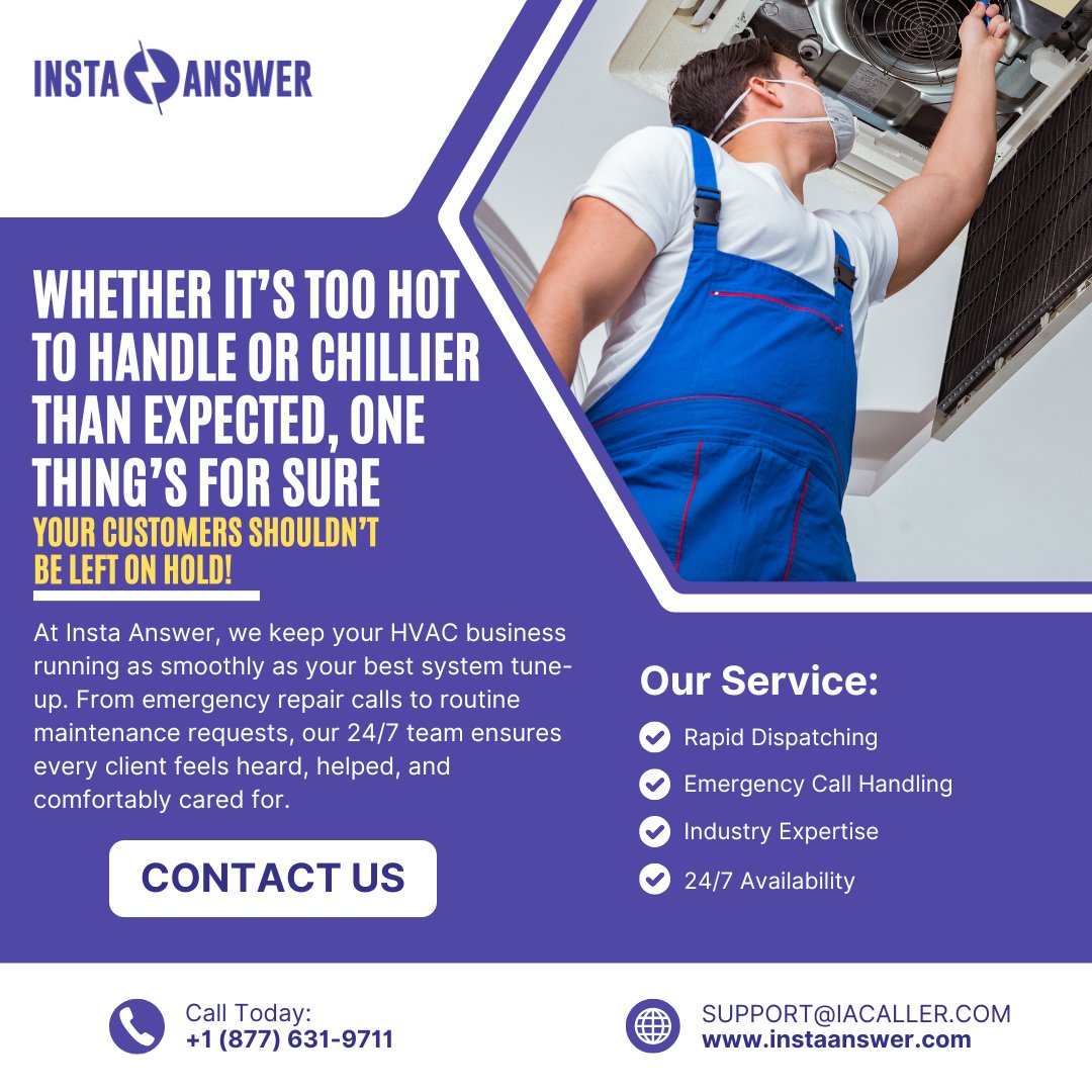 Insta_Answer's tweet image. When your clients are losing their cool or their heat, make sure their calls don’t go unanswered!

Call (877) 631-9711 or email support@iacaller.com to turn up the comfort and chill out the chaos today!

#InstaAnswer #HVAC #CSR #HVACTechnician #CustomerService #HVACService