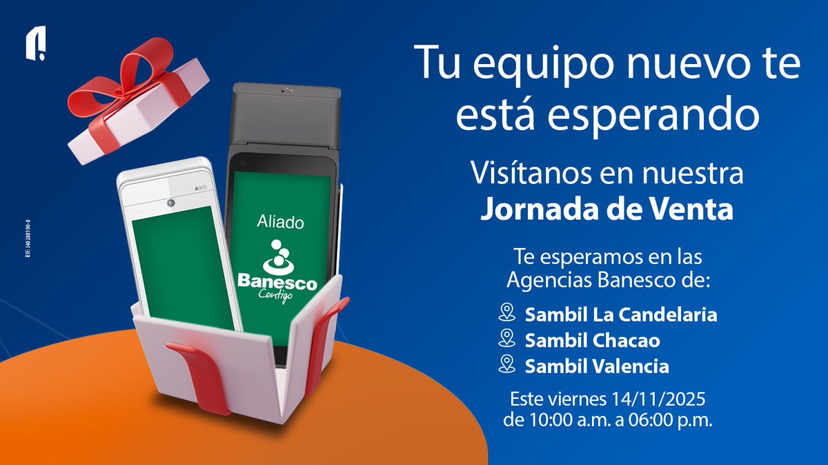 Compra tu equipo y llévatelo al instante en nuestras #JornadasDeVentas 📲

🗓️Asiste este #14nov a las agencias del aliado @banesco de los Centros Comerciales: 

📌Sambil La Candelaria
📌Sambil Chacao
📌Sambil Valencia

⏰De 10:00 a.m. a 6:00 p.m.

#nativaPagos #AliadoBanesco