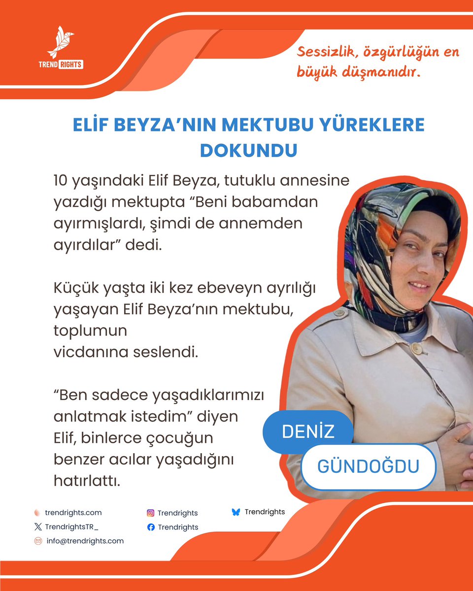 ELİF BEYZA'NIN MEKTUBU YÜREKLERE DOKUNDU

10 yaşındaki Elif Beyza, tutuklu annesine yazdığı mektupta "Beni babamdan ayırmışlardı, şimdi de annemden ayırdılar" dedi.

Küçük yaşta iki kez ebeveyn ayrılığı yaşayan Elif Beyza'nın mektubu, toplumun vicdanına seslendi.

"Ben sadece