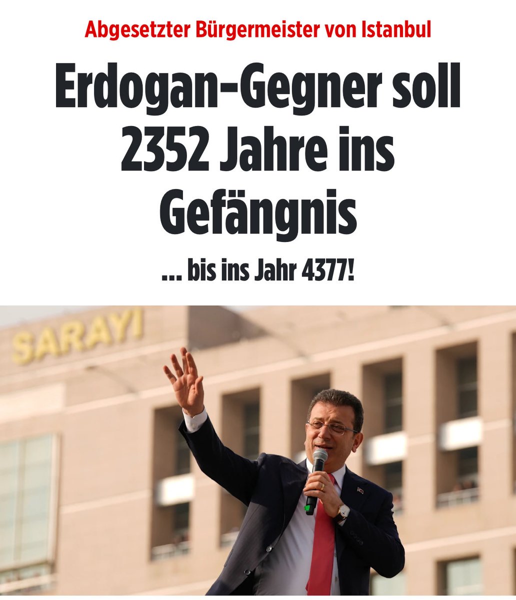 ismail_erel's tweet photo. Alman siyasiler ve basın hep aynı. #İmamoğlu’na istenen cezayla ilgili “Böyle ceza mı olur?” şeklinde yayınlar var. Konunun aslını zaten öğrenmek istemiyorlar. Başka ülkede olunca yaklaşım farklı. ABD Başkanı Trump’a 700 yıl hapis cezasına yorum yok. Türkiye olunca “absürt ceza”. https://t.co/4F5NVsy8T4