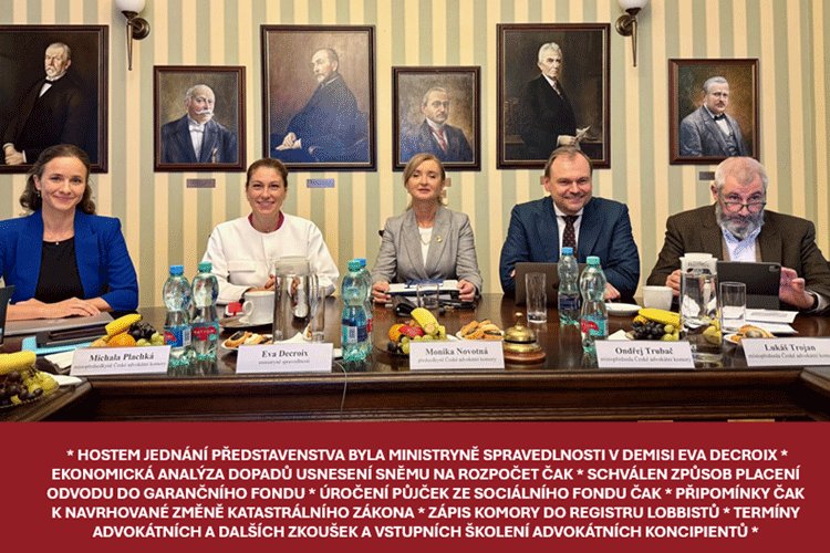 ⚡⚡ FLASH NEWS ⚡⚡ 
Představenstvo <a href="/CAK_cz/">ČAK</a> na své listopadové schůzi mj.:

🔺 navštívila ministryně spravedlnosti v demisi Eva Decroix <a href="/eva_decroix/">Eva DECROIX</a>, se kterou byly projednány aktuální témata, společná pro advokacii a <a href="/SpravedlnostCZ/">Ministerstvo spravedlnosti ČR</a> 
#AdvokátníDeník informoval:
