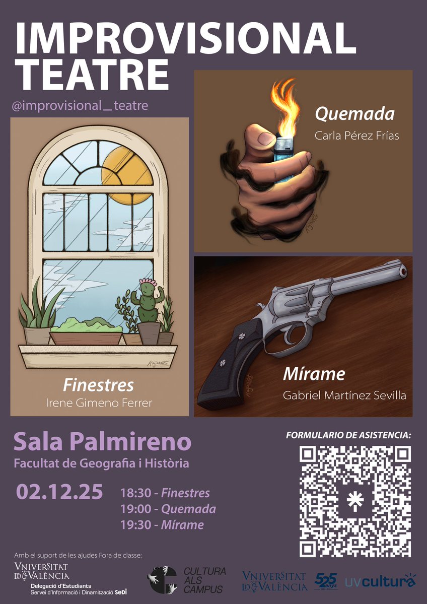 improvisional_t's tweet image. ¡Apuntaos la fecha del 2 de diciembre para asistir a las representaciones de Improvisional Teatre! En esta ocasión, representamos las obras de @Irene_Gimeno_ , Gabriel Martínez Sevilla y @carlaperez2402l

En el QR tenéis el formulario de asistencia (gratuita).
¡Os esperamos!