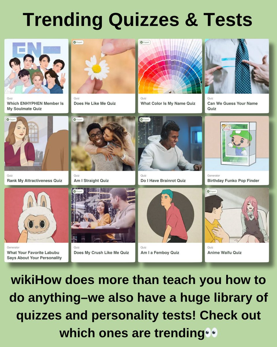 wikiHow's tweet image. wikiHow does more than teach you how to do anything–we also have a huge library of quizzes and personality tests! Check out which ones are trending, plus an exclusive look at some upcoming quizzes👀
wikihow.com/Trending-Quizz…?