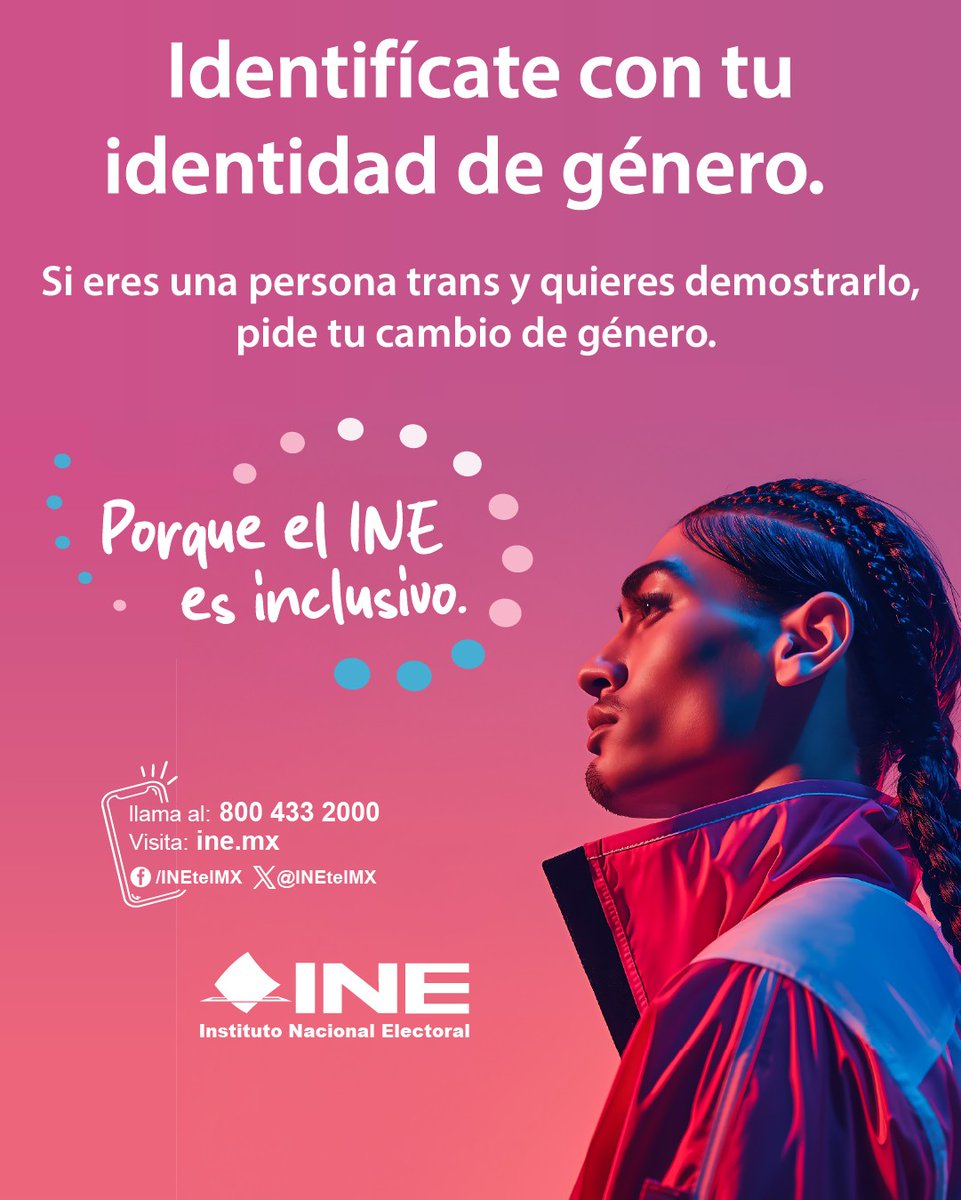 🏳️‍⚧️ Si eres una persona trans, puedes solicitar el cambio de género en tu credencial para votar.
Porque todas las identidades cuentan y el INE es inclusivo. 💜
#INEIncluyente #IdentidadDeGénero #PersonasTrans