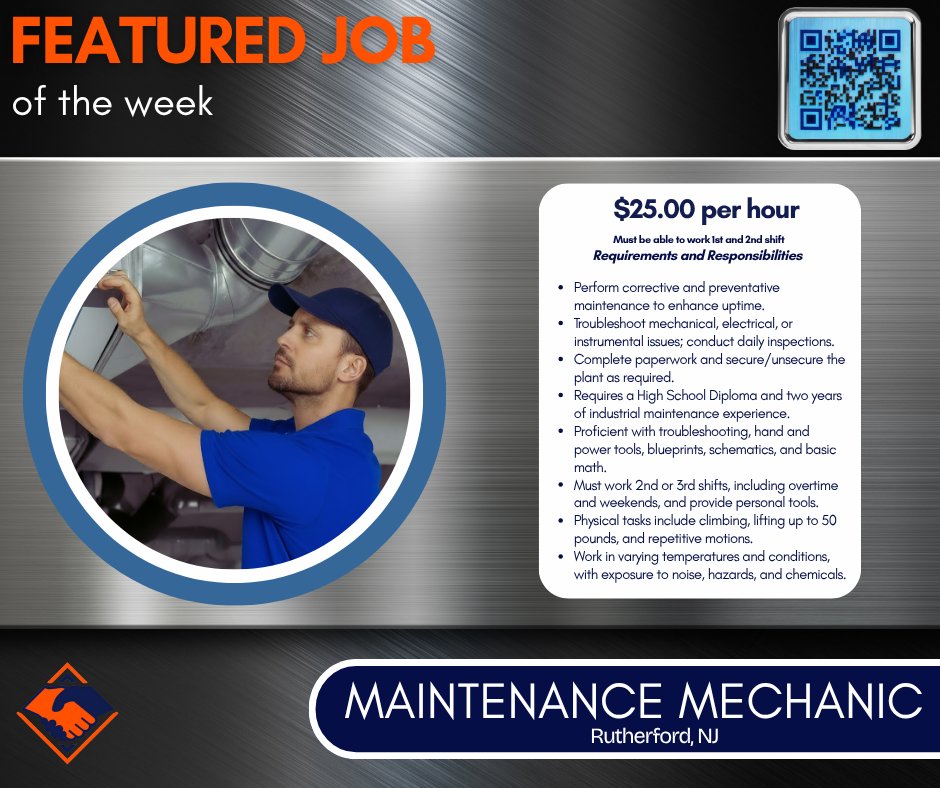 JCSFAMILYINC's tweet image. Another week brings another fantastic opportunity to highlight! 

The JobConnection Services Inc.  Paterson 21 office is actively seeking a maintenance mechanic. #jobs #hiring #spotlight  #maintenancemechanic #workingforyou #jcsfamilyinc #jobconnectionservices #jcspaterson21