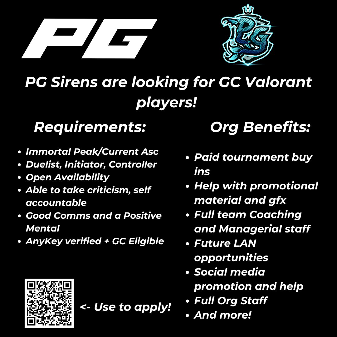 PurposeGGss's tweet image. Looking for players for PG Sirens (GC NA)

Immo Peak/Current Asc
Duelist, Initi, Controller
Open Availability
Able to take criticism, self accountable
Good Comms + Good Mental
AnyKey+GC Eligible

@GCLFT_NA @gc_lft @Hitbox_Americas @BuildGC @ValorCentral @LFTDiscord @LFT_VALORANT