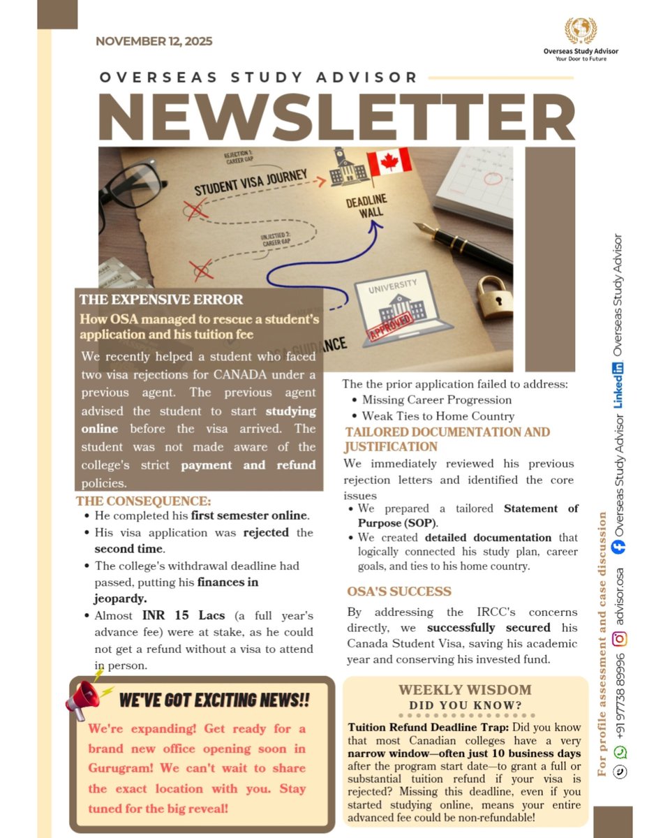 advisorOSA's tweet image. Don&apos;t let this happen to you! Read our latest success story to see how OSA turned disaster into approval by mastering the tailored SOP and refund deadlines.
#osa
#OverseasStudyAdvisor 
#VisaApproved #StudentVisaSuccess
#VisaHelp 
#IRCC 
#StudyinCanada
#CanadaStudyPermit 
#SOP