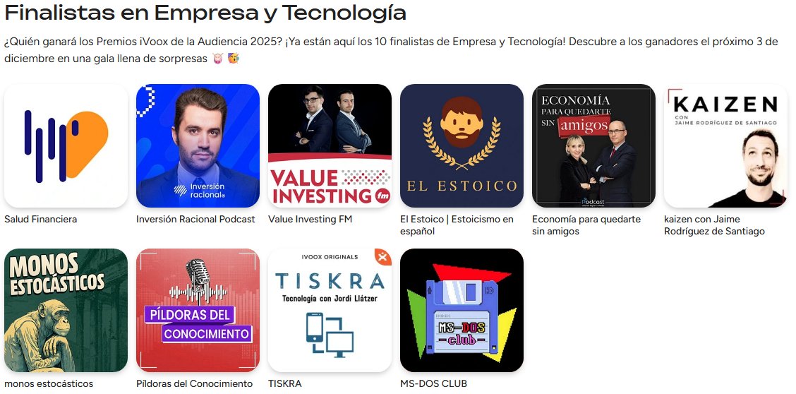 Nos hemos colado entre los finalistas de los premios <a href="/ivoox/">iVoox</a> de este año. 

Para nosotros es un gran logro no por lo que representa si no porque lo habéis hecho vosotros al votarnos.

¡Muchas gracias!

Aúpa la tecnología y el MS-DOS :P