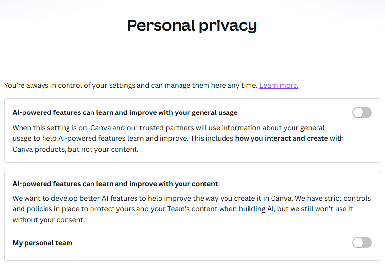 It seems like VTubers are freaking out over Canva's new AI feature. 

It isn't ideal, but you can disable Canva's ability to send your imports to their AI system. It's a toggle. 

⚙️Settings/Personal Privacy/AI-Powered Features (first toggle.)

And the 'VTUBER AI CREATOR' isn't