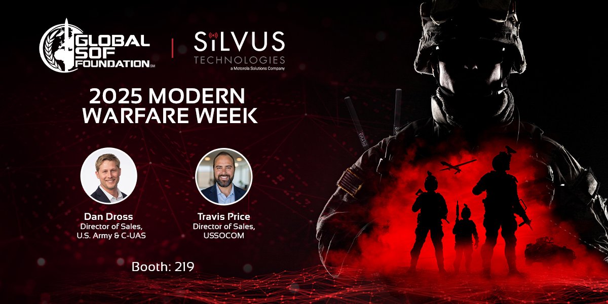 SilvusTech's tweet image. Next week, Silvus is heading to @GlobalSOF, Modern Warfare Week 2025 at Fort Bragg! Discover how our battle-proven MN-MIMO waveform delivers unmatched #MANET radio performance and RF spectrum overmatch for #TacticalCommunications. 

Connect with Travis Price and Dan Dross at…