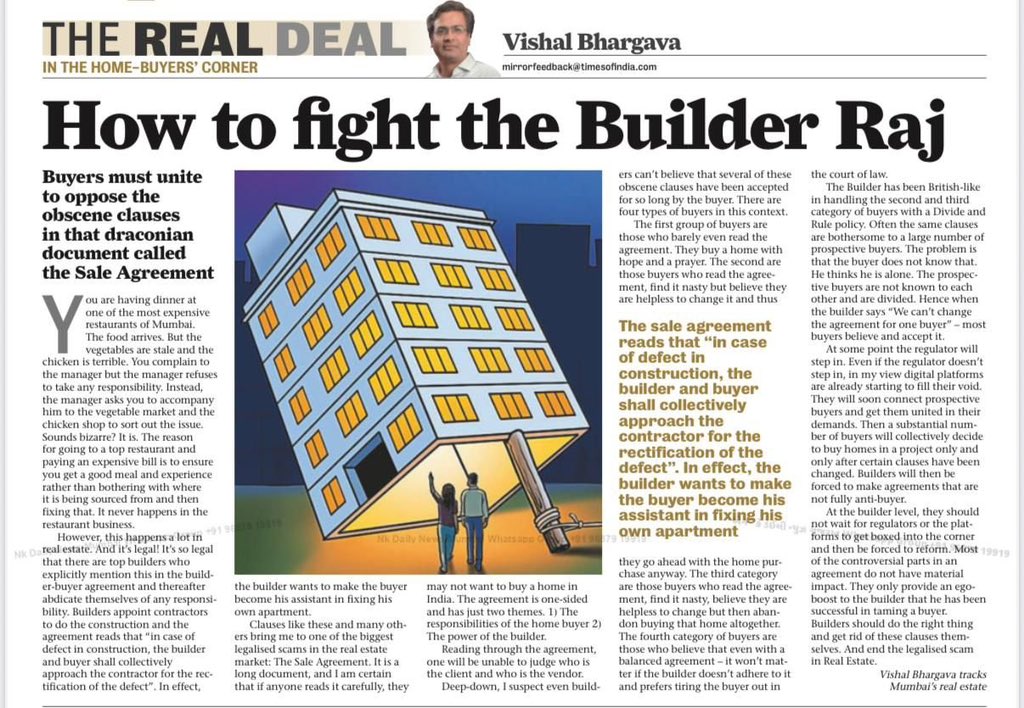 sudhish0211's tweet photo. The Biggest Legalized Scam of Real Estate: Sale Agreement
It has only two themes
1) Reponsibilities of buyer
2) Power of builder
Reading it, one is confused who is the client & who is the vendor
It will change. But builders should do it themselves
Its an idea whose time has come
@VishalBhargava5 i read your article and the tweet and was so tempted to repost a fresh. 
Request you to have a check on #adhirajscam .
These builder seems to be enjoying his honey moon since 10 years without delivering his deliverables . 
#allforeplay #noclimax 
2200 buyers money gulped in and still no burrps. Like me there are many who has sponsored Adhiraj iconic tower in kharghar but the project is all stalled since many years with fake commitments
#maharera #toothless is the biggest culprit in all who was meant to help common man but I guess they are all enjoying their salary sponsored by builder lobby .