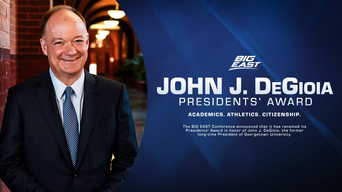 Georgetown's tweet image. The @BIGEAST Conference announced that it has renamed its Presidents&apos; Award in honor of John J. DeGioia, the former long-time President of Georgetown University, effective immediately. bit.ly/4oHwpdS