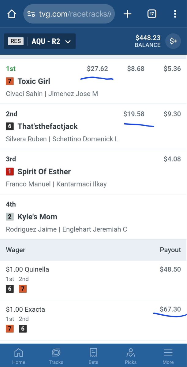 stoolpresidente's tweet image. 12-1 over 17-1.     Even money shot out of the money.   Exacta pays 67 bucks at aqueduct.    This is why I don’t bet anymore.    The #caws have ruined the game.   Fix it before it’s too late.