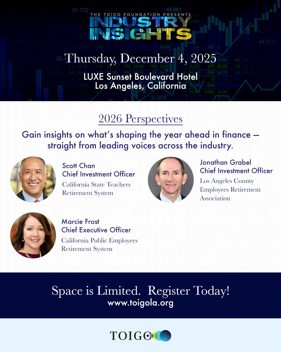 Join Toigo and leaders of top pension plans for our half-day December gathering featuring candid exchanges that focus on shifts occurring in the investment landscape, new strategies and the elevated responsibilities of the Chief Investment Officer. toigola.org