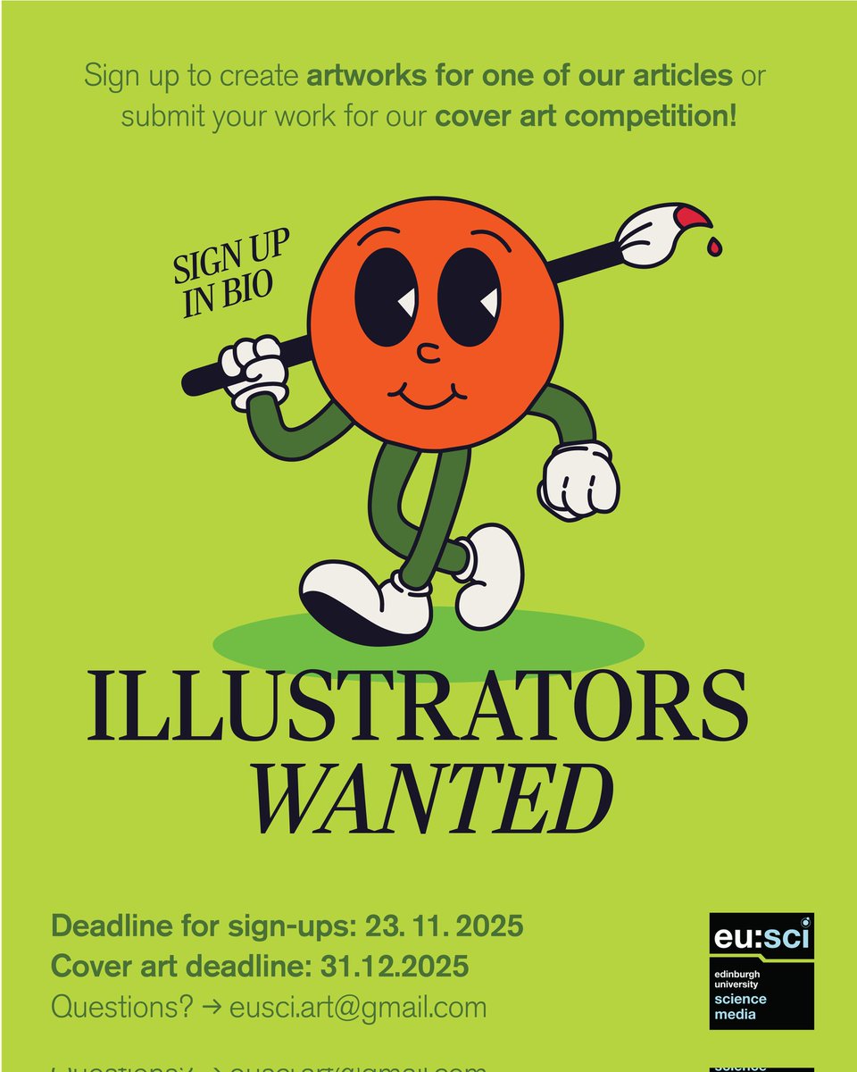 🎨 ILLUSTRATORS WANTED! 🖌️

Help us create the next issue of @euscimedia magazine and have your artwork featured in a scientific student publication! ✨

🔗 Link in bio: docs.google.com/spreadsheets/d…

#EuSci #ScienceCommunication #CallForArtists #IllustratorsWanted  #ArtOpportunity