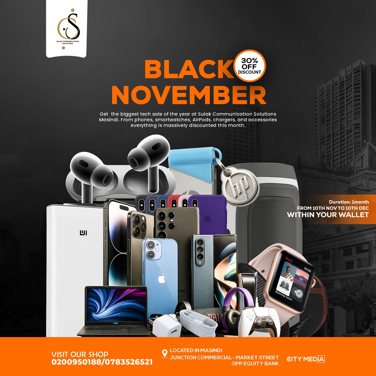 Citytvuganda's tweet photo. BLACK NOVEMBER IS ON at Sulak Communication Solutions Masindi. Get your dream gadgets, phones & accessories at 30% OFF from ring lights to power banks, hot plates & more.📍 Masindi Town | 📞 0783526521 / 0200950188. #BlackNovember #SulakDeals #Masindi #TechSale #SmartShopping https://t.co/62TWDdvZeb