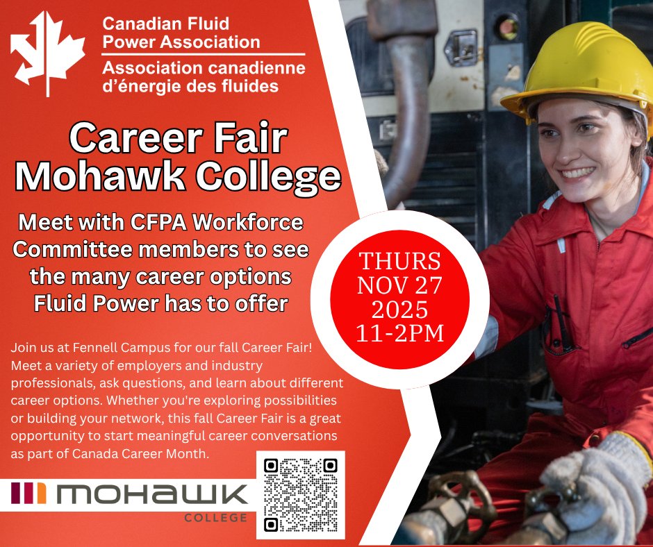 CANADIANFPA's tweet image. The Mohawk College Fall Career Fair is coming up Nov 27. CFPA Workforce Committee members Sean McGuinness and Matt McComb will be attending to provide information and advice 
#CFPA #careers #fluidpower #TompkinsCanada #Adaptall #careerfair #Canada #hydraulics #pneumatics #jobs