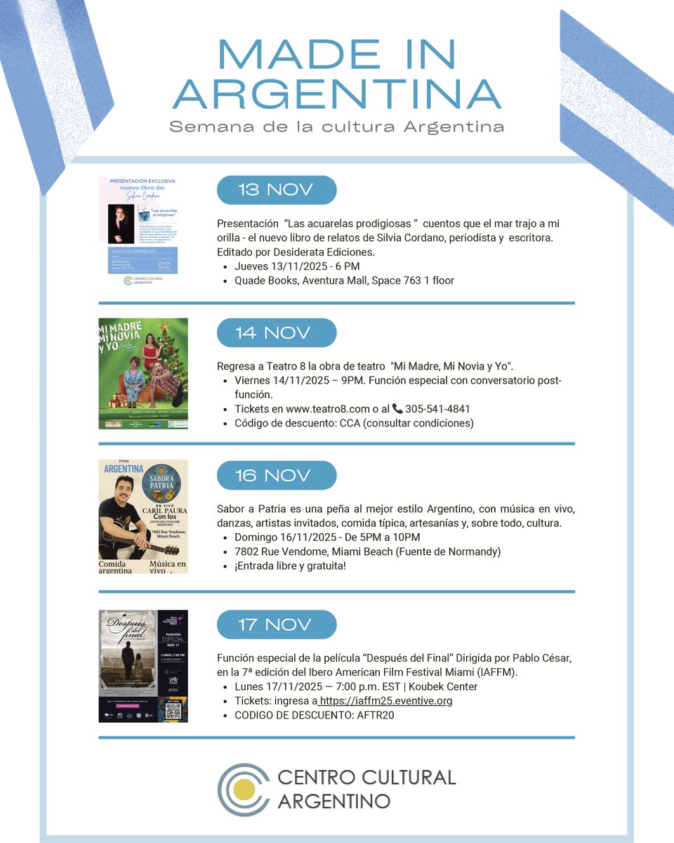 🇦🇷 Made in Argentina 🇦🇷
No te pierdas los eventos que comienzan este Jueves por la semana de la cultura Argentina.

#culturaargentina #SemanaArgentina #CCA