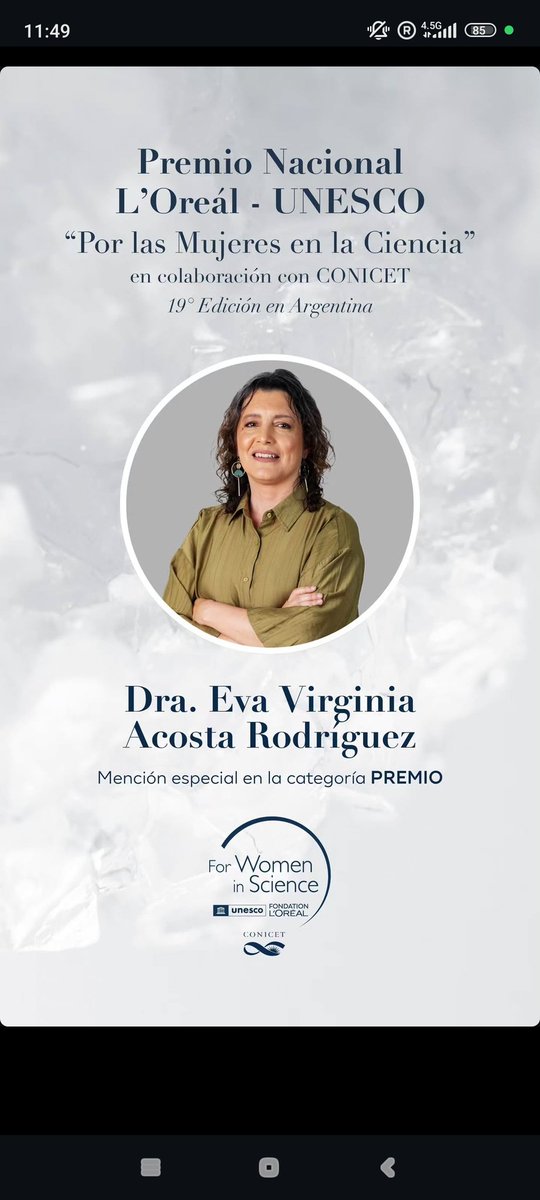 ¡Nuestro orgullo!
La Dra. Eva Acosta Rodríguez (CIBICI, CONICET-UNC) recibió una mención especial para en la categoría Premio L’Oréal-UNESCO “Por las Mujeres en la Ciencia” por su trabajo en inmunidad de precisión en artritis reumatoidea. 
💪🔬 #MujeresEnLaCiencia #OrgulloUNC