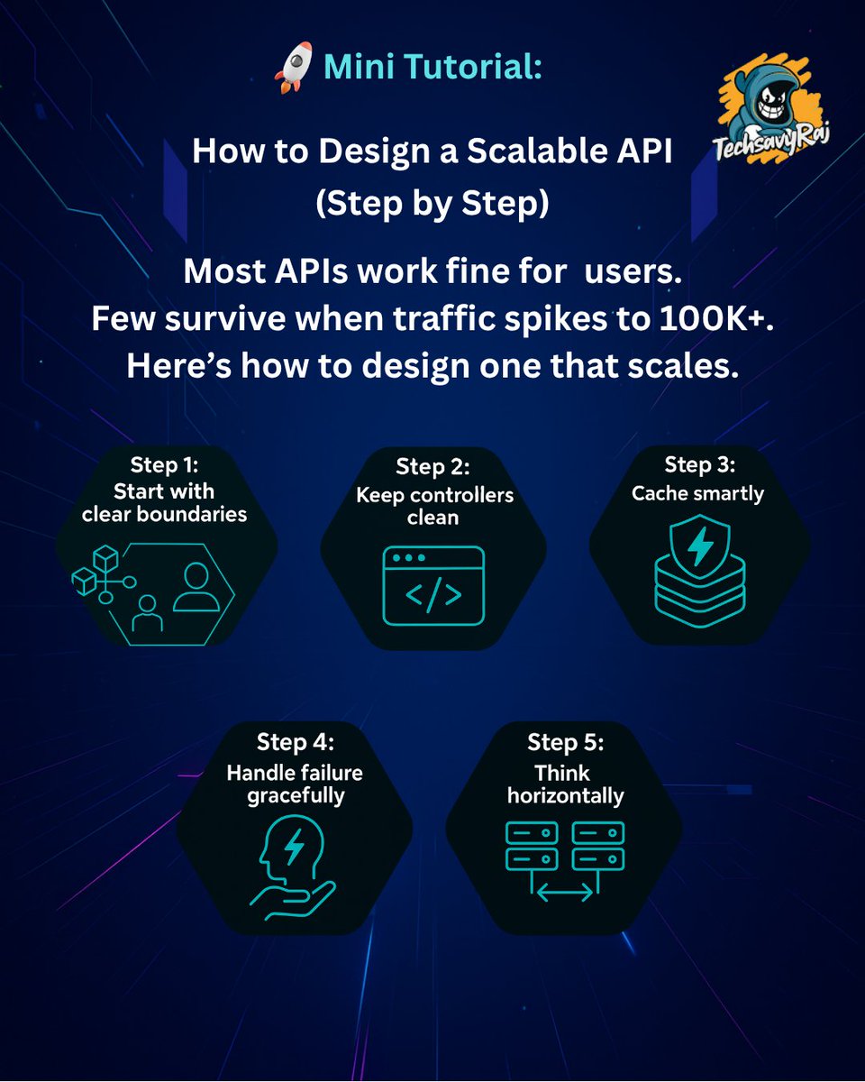 TechsavyRaj's tweet image. 🚀 Mini Tutorial: How to Design a Scalable API (Step by Step)
What’s one mistake you’ve made while designing APIs? 👇
#SystemDesign #BackendEngineering #API #SoftwareDevelopment #MERN #Laravel #CodeIgniter #WebDevelopment #CareerGrowth