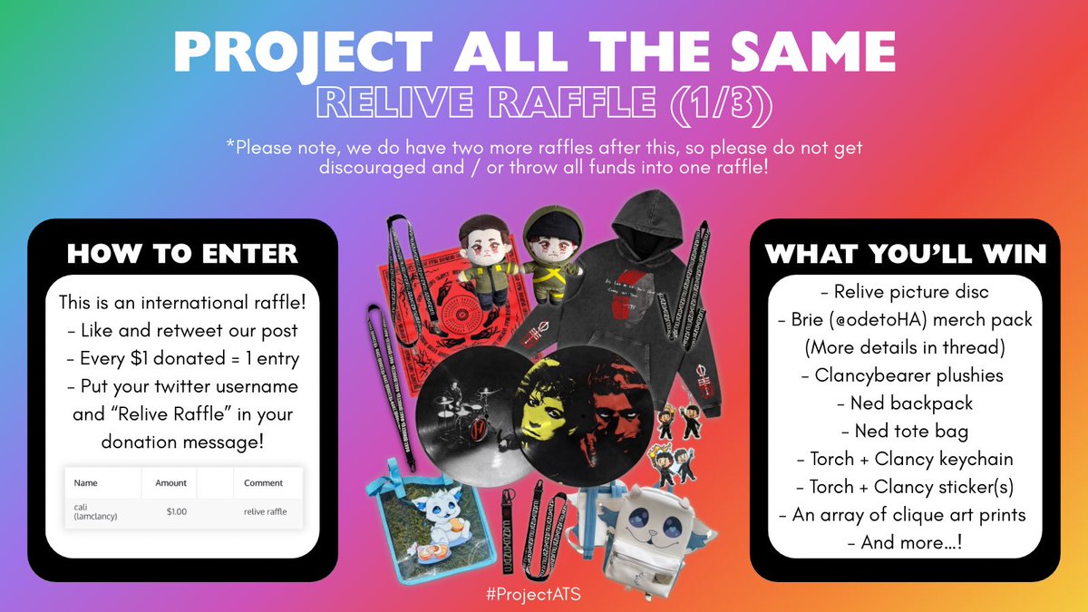 AllTheSame2025's tweet image. RELIVE RAFFLE! 1/3. 
*note, we do have two more raffles after this*

this is an international giveaway.

HOW TO ENTER:
- $1 donated = 1 entry.
- like and rt
- please put your twitter @ and “relive raffle” in your donation message! (see example)
- reply with a screenshot