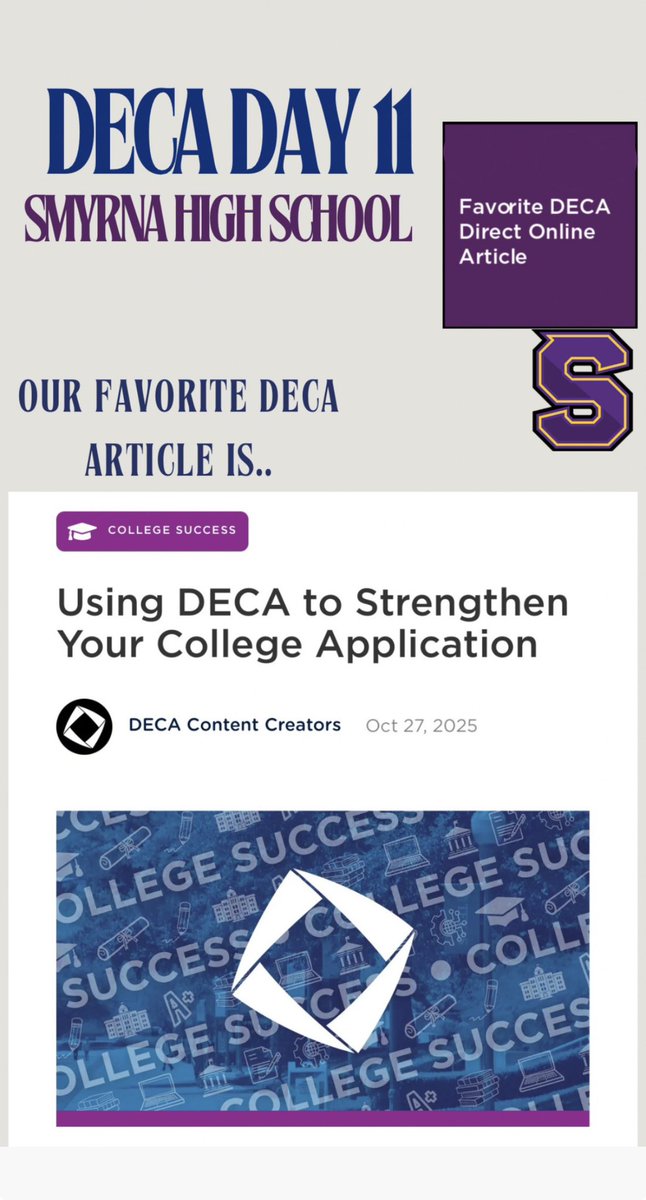 SHSDECA7's tweet image. Day 11 of #DECAMonth 💙
Our favorite DECA Direct article? “Using DECA to Strengthen Your College Application!”
DECA prepares us for success beyond the classroom!
#SmyrnaDECA #OnlyOneSHS #CollegeSuccess #DECA @SmyrnaBulldog #onlyoneSHS