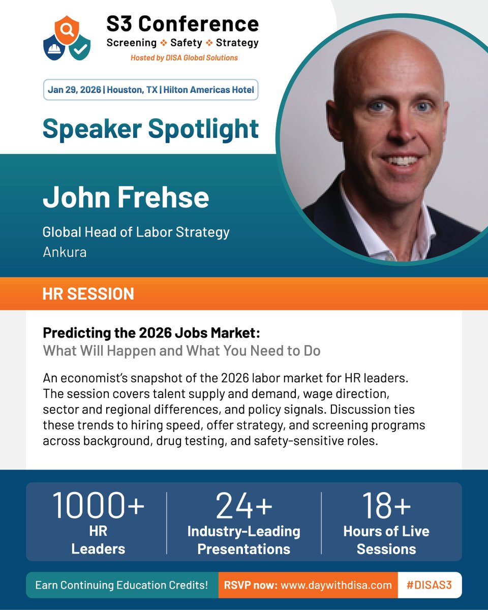 DISAGlobal's tweet image. 👋 Join John Frehse at the 2026 Screening, Safety, and Strategy (S3) Conference to attend his #DISAS3 #HR session.

➡ Learn more about S3: tinyurl.com/yhypksj2

#EmployeeScreening #EmployeeSafety #HRStrategy #ContinuingEducation