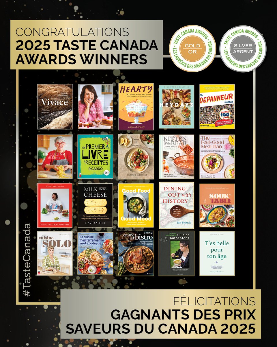 TasteCanada's tweet image. Congratulations to the Gold and Silver winners of the 2025 Taste Canada Awards! ⁠Félicitations aux lauréats des médailles d'or et d'argent des Prix Saveurs du Canada 2025 ! ⁠

See the full list of winners here: tastecanada.org/2025-awards-wi…

#TasteCanada #canadiancookbooks #cookbooks
