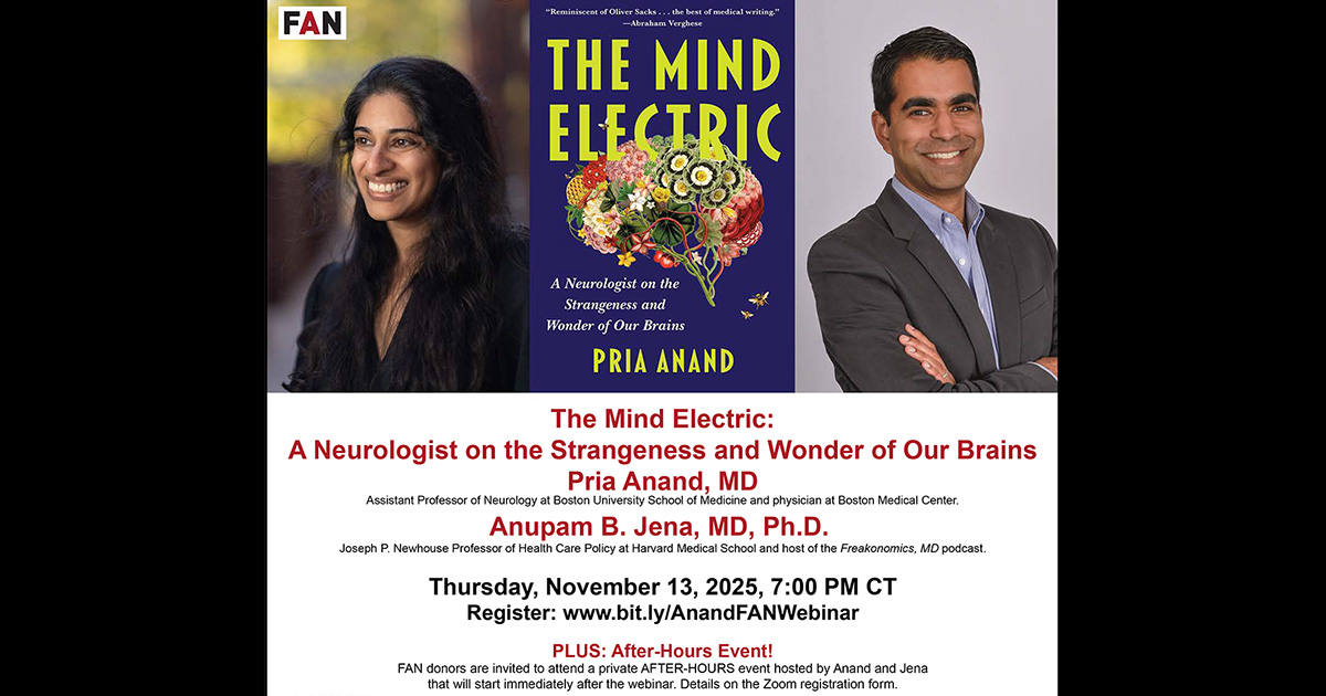 Join the <a href="/FamilyActionNet/">FAN (Family Action Network)</a> Thursday, Nov. 13 at 7 pm CT for a free online event, sponsored by ISAC, "The Mind Electric: A Neurologist on the Strangeness and Wonder of Our Brains," with Pria Anand, MD and Anupam B. Jena, MD, Ph.D.    
                                          ⁣
In