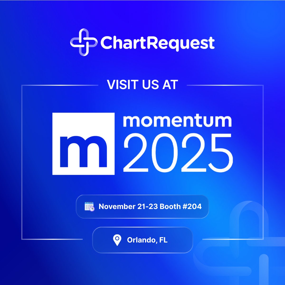 Heading to ModMed MOMENTUM? Meet the ChartRequest team at Booth 204 to see how ModMed users modernize record exchange.
📍 Orlando, FL
📅 November 21–23
🎯 Booth 204

Book a time at hubs.li/Q03SGn760

#ModMedMomentum #ModMed #HIM #HealthIT #Interoperability #ROI