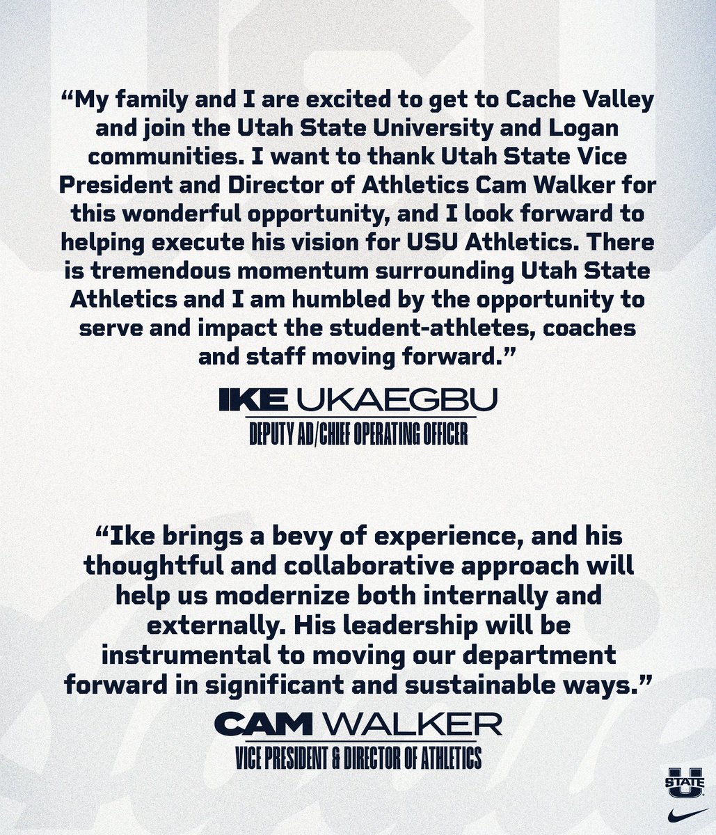 Welcome to Cache Valley <a href="/UkaegbuIke/">Ike Ukaegbu</a>! 

"There is tremendous momentum surrounding <a href="/USUAthletics/">Utah State Athletics</a> and I am humbled by the opportunity to serve and impact the student-athletes, coaches and staff moving forward."

➡️ usuaggies.info/43o7zan