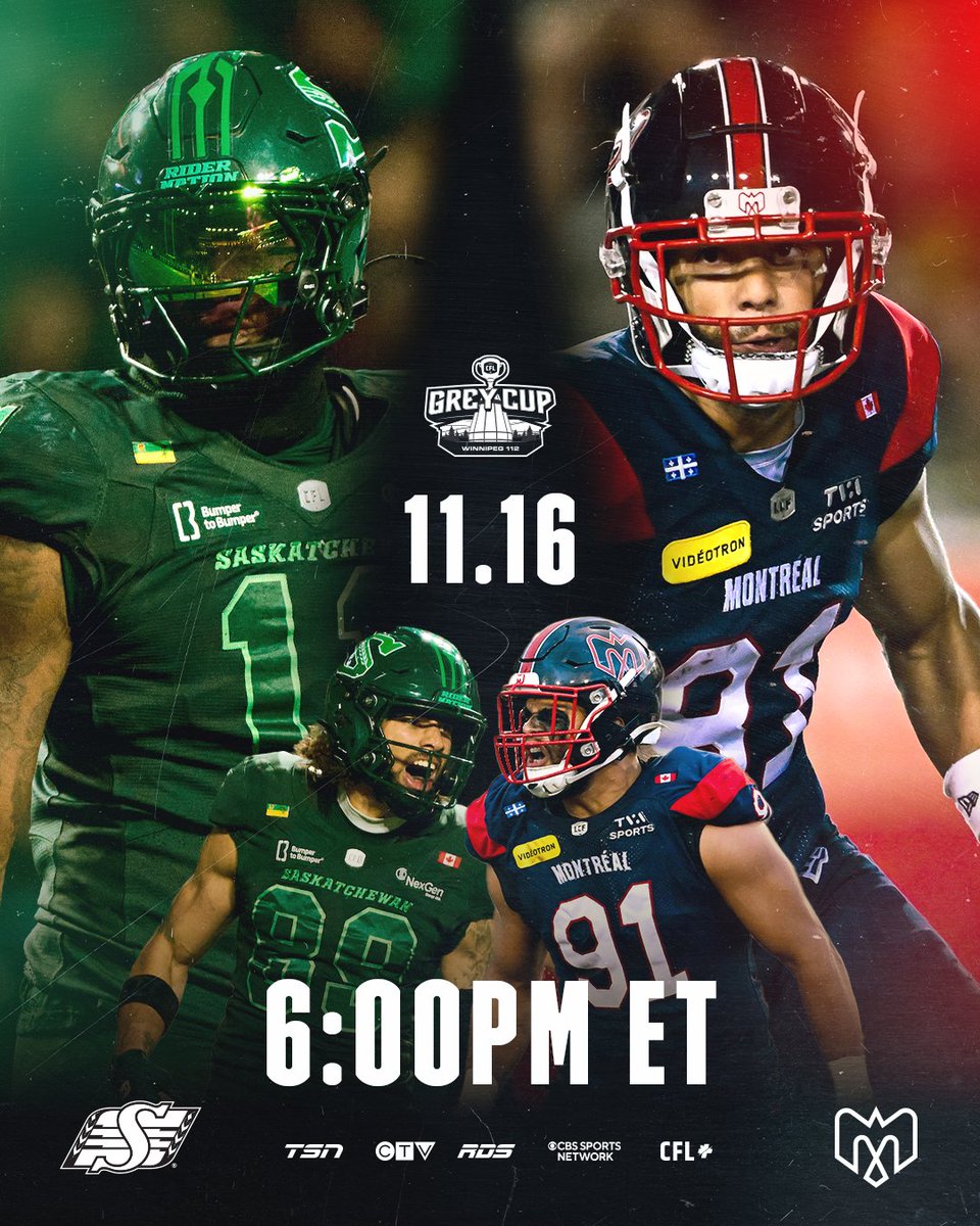 CFL's tweet image. Roughriders v. Alouettes LIVE from Winnipeg for the 112th #GreyCup - Sunday at 6 PM ET