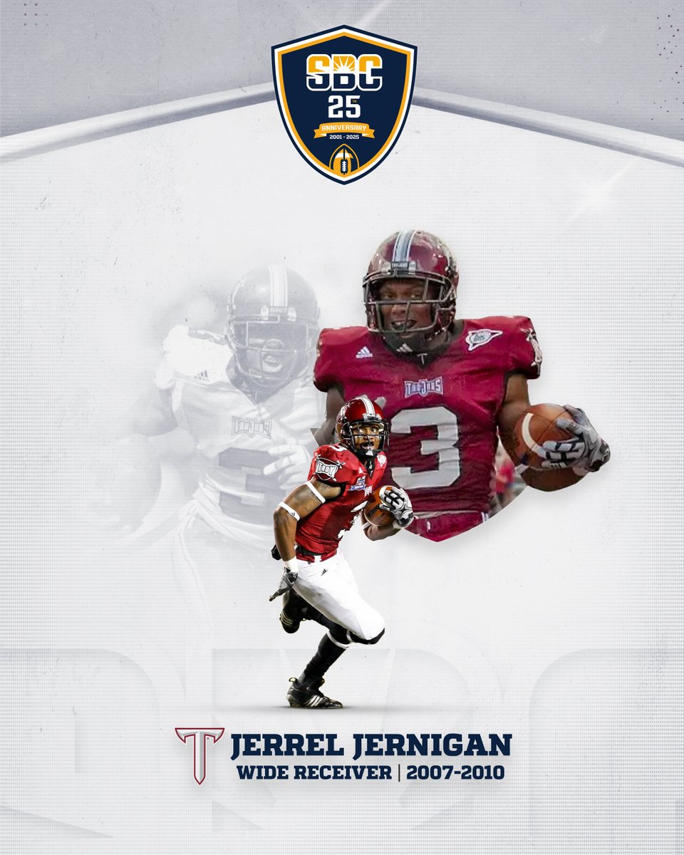 𝗝𝗘𝗥𝗥𝗘𝗟 𝗝𝗘𝗥𝗡𝗜𝗚𝗔𝗡.

A 7x All-Sun Belt honoree &amp; 4x Sun Belt champion, <a href="/JJernigan12/">Jerrel Jernigan</a> is the <a href="/TroyTrojansFB/">Troy Trojans Football 8x⚔️</a> career record holder with 3,128 receiving yards &amp; 5,985 all-purpose yards. ☀️🏈

<a href="/SunBeltFB/">Sun Belt Football</a> | #SunBeltFBat25