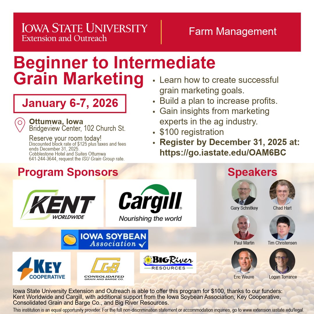 Start 2026 out right with an improved crop marketing plan! This two-day program digs in on all things crop marketing for beginning to intermediate skill levels!
extension.iastate.edu/news/farmers-a…