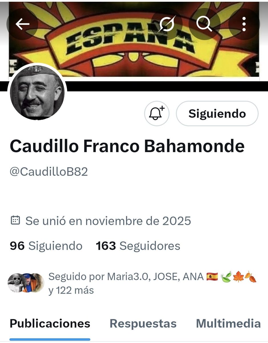 A toda mi gente de bien. 
A nuestro amigo Caudillo el pajarraco le ha tumbado la cuenta.
Os ruego volváis a seguirle en 👉 
<a href="/CaudilloB82/">Caudillo Franco Bahamonde</a>.
Uno cae, nosotros lo levantamos. 
Vamos!!!💪💚🇪🇦