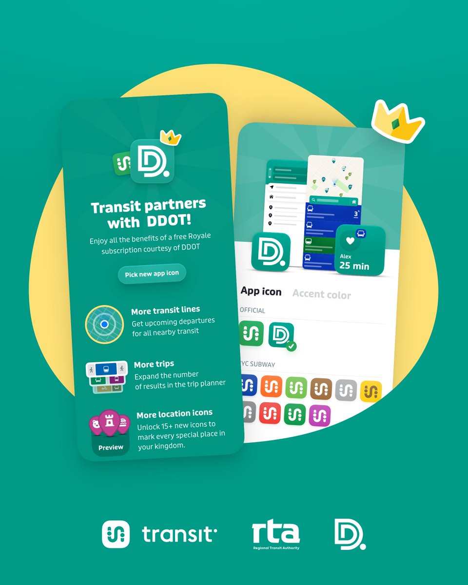 RideDDOT's tweet image. 🆕 We’re excited to announce that DDOT riders now have access to Transit Royale, the premium subscription of the @transitapp, through our new partnership with the @RTAmichigan! 🎉

🔗 Learn more &amp;amp; download the app: rtamichigan.org/transitapp