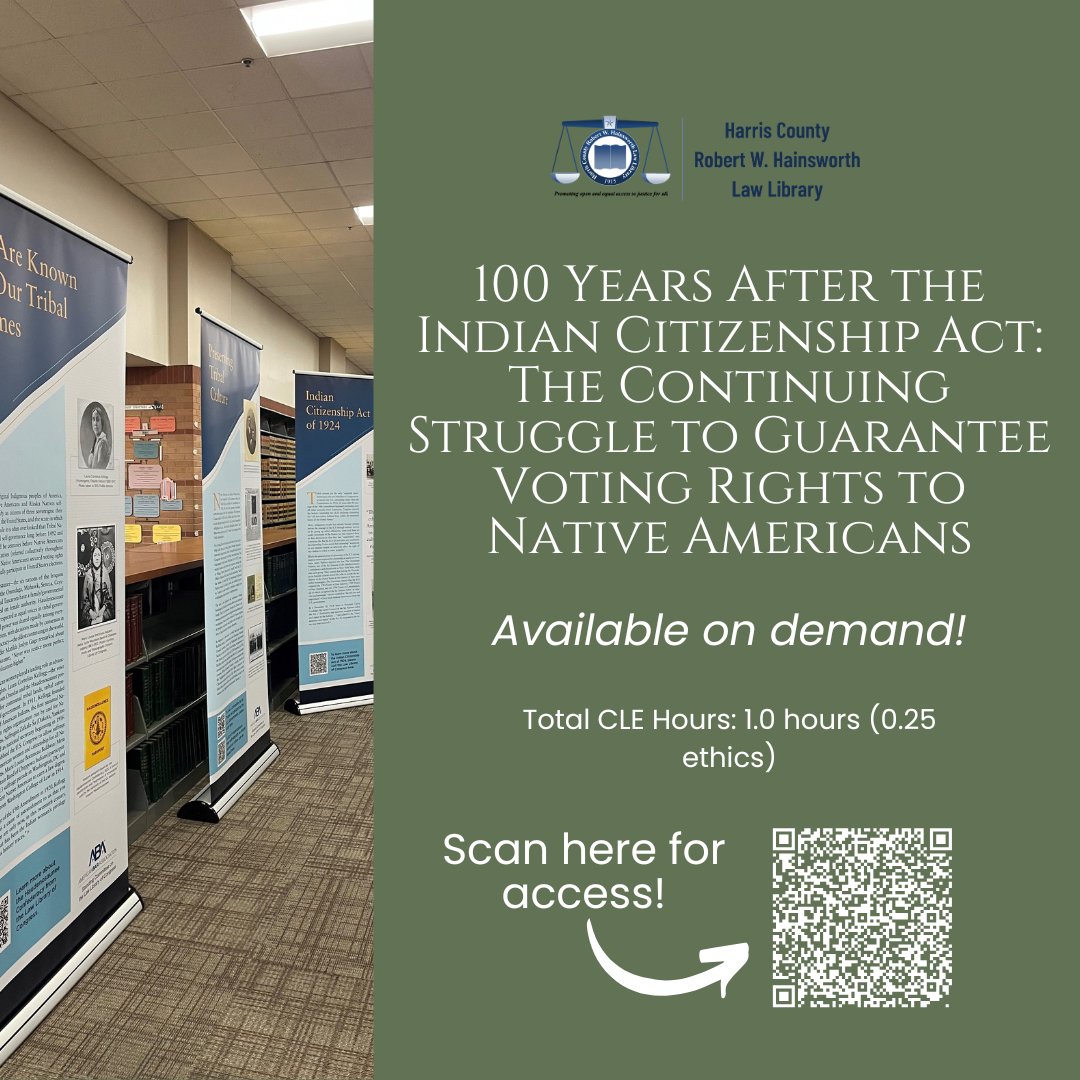 HCLawLibrary's tweet image. In honor of #NativeAmericanHeritageMonth, the Law Library presents “100 Years After the Indian Citizenship Act.”
🪶 1.0 CLE hr (0.25 ethics), State Bar of TX accredited.
🎥 Watch on demand: bit.ly/NativeVotingCLE