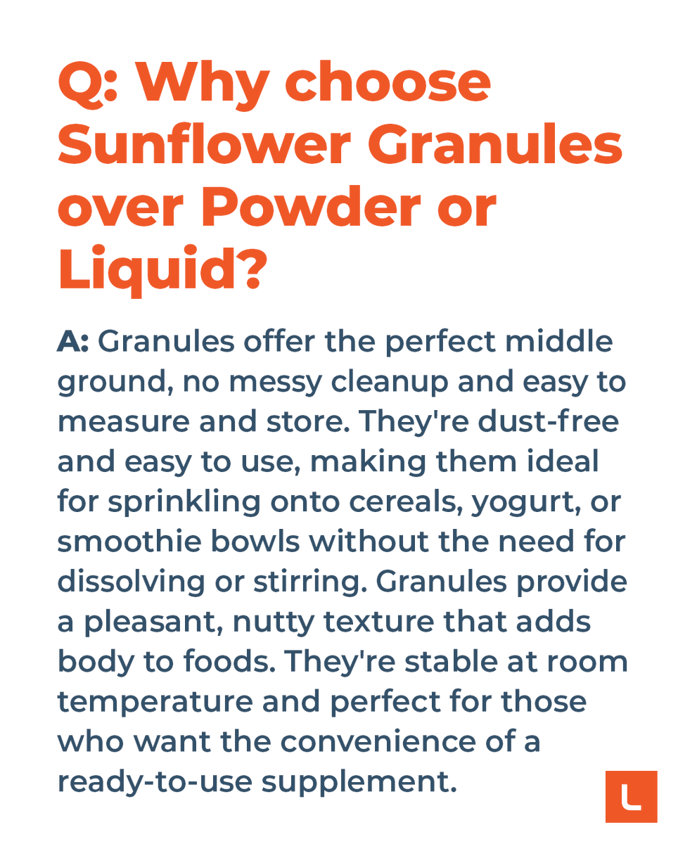 Q: Why choose Sunflower Granules over Powder or Liquid?

A: Granules offer the perfect middle ground, no messy cleanup and easy to measure and store.

Learn More: lekithos.com/products/sunfl…