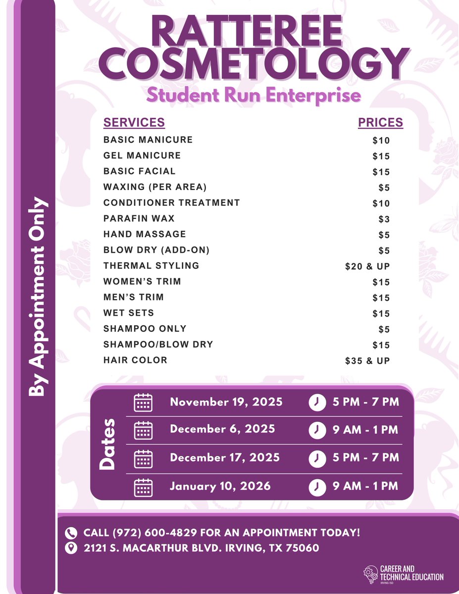 💅 Need a refresh? Treat yourself to professional beauty services at Ratteree Cosmetology, a student-run enterprise at Irving ISD! From manicures and facials to haircuts and color, students provide high-quality services while earning hands-on practicum experience. ✨

‼️