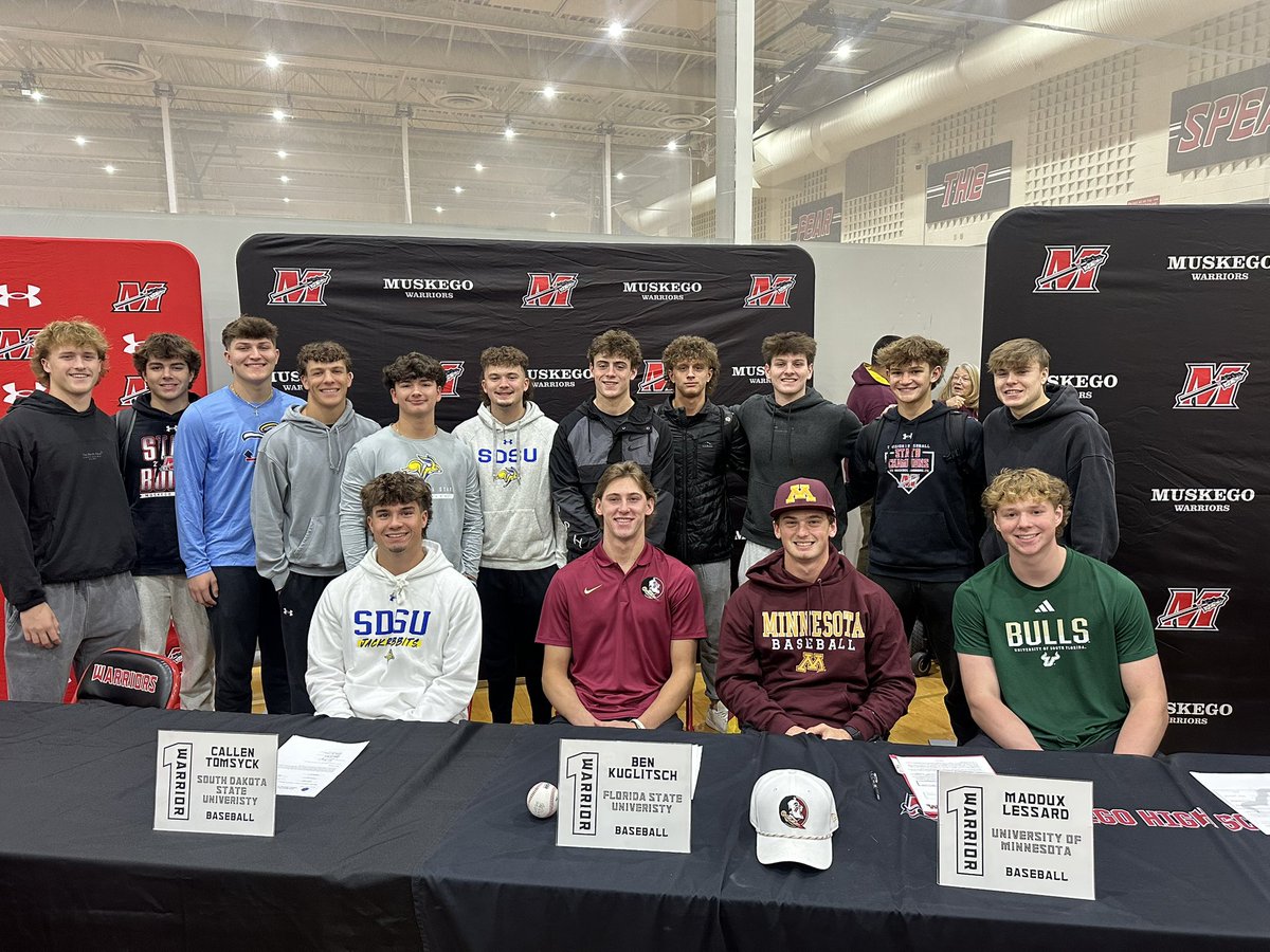 BaseballMuskego's tweet image. A historic day for Muskego Baseball as four of our seniors sign their Division I letters of intent!

Congratulations to Callen Tomsyck (South Dakota State), Ben Kuglitsch (Florida State), Maddux Lessard (Minnesota), Tyson Grulkowski (South Florida)!