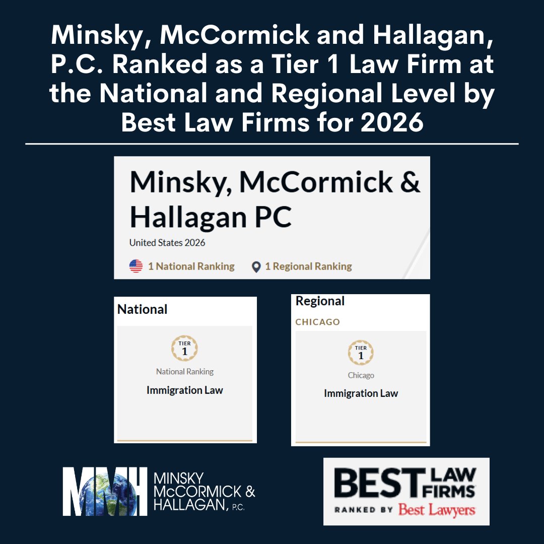 MMHPC's tweet image. We’re proud to announce that Minsky, McCormick &amp;amp; Hallagan P.C. has been ranked Tier 1 both nationally &amp;amp; regionally (Chicago) in the 2026 edition of the Best Law Firms® rankings!
We’re honored that our dedication to delivering top‐tier immigration law services has been recognized.