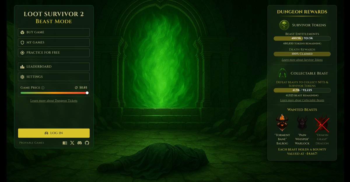 A new Dungeon Ticket $DTICKET has been airdropped to $TICKET holders and Beast Mode dungeon doors have been reopened!

4.8% of the supply of $SURVIVOR remains in the dungeon, guarded by the Beasts.

Meanwhile, two Wanted Beasts remain with a nearly $5K bounty on each of their