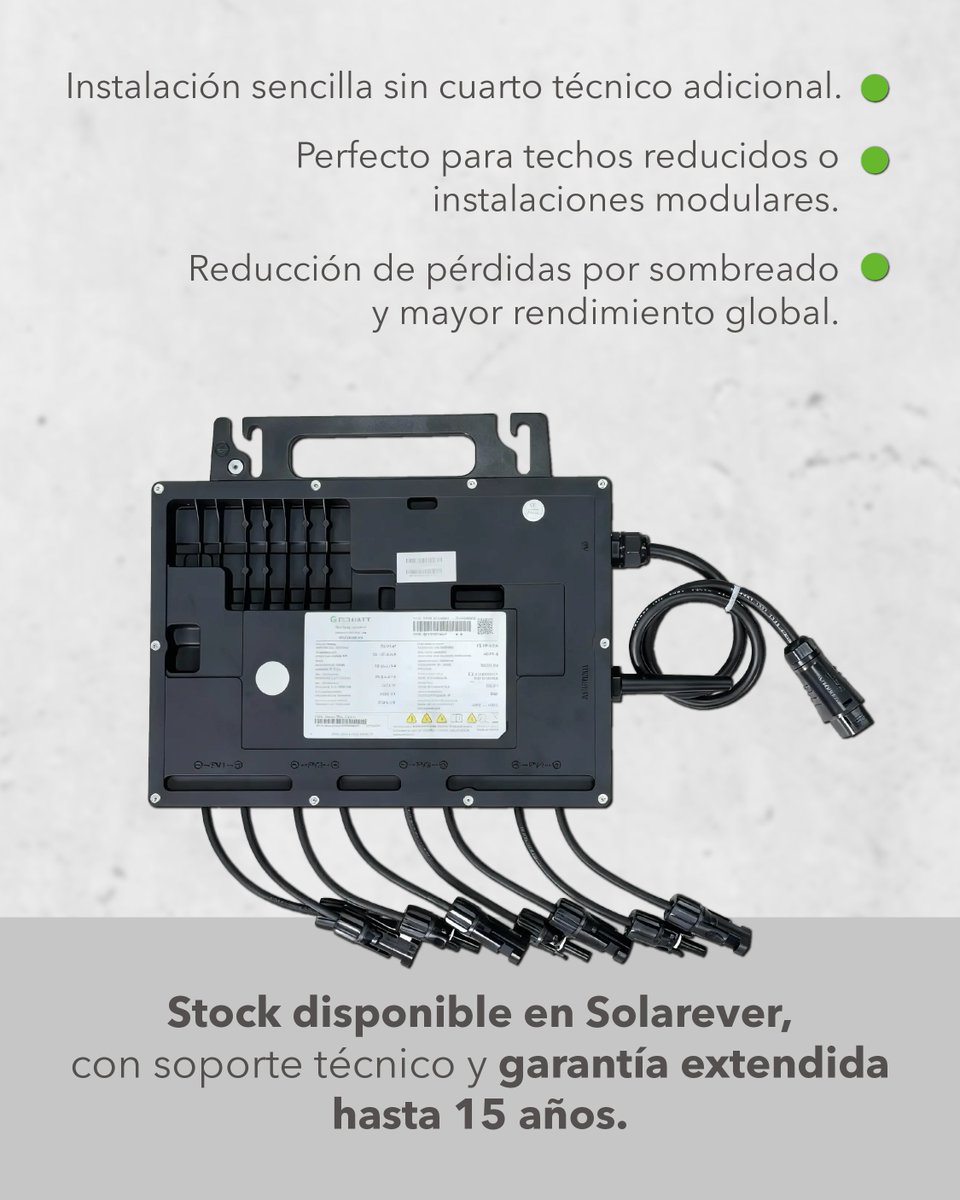 En Solarever ya contamos con stock del Growatt NEO-2500M-X2, el microinversor más versátil de la línea residencial y comercial.

Especificaciones técnicas: 2.5 kW nominales, 4 MPPT independientes, eficiencia hasta 99.5 %, IP67, compatible con WiFi/RF.