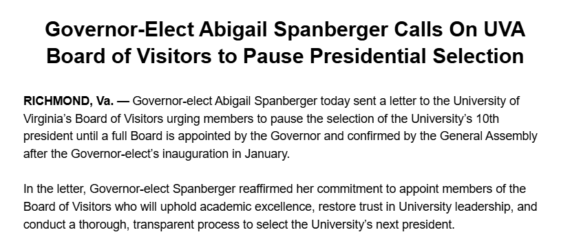 TylerEnglander's tweet image. New: Governor-elect @SpanbergerForVA wants the University of Virginia to pause the process of selecting a new president until she is sworn in as governor and a full Board of Visitors is appointed.